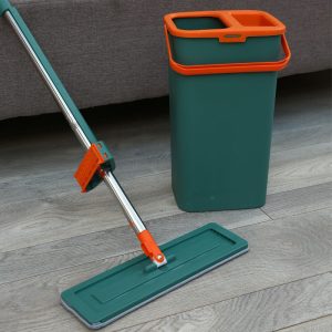Hands-Free Flat Mop Set with Stainless Steel Handle, Absorbent Floor Cleaning System