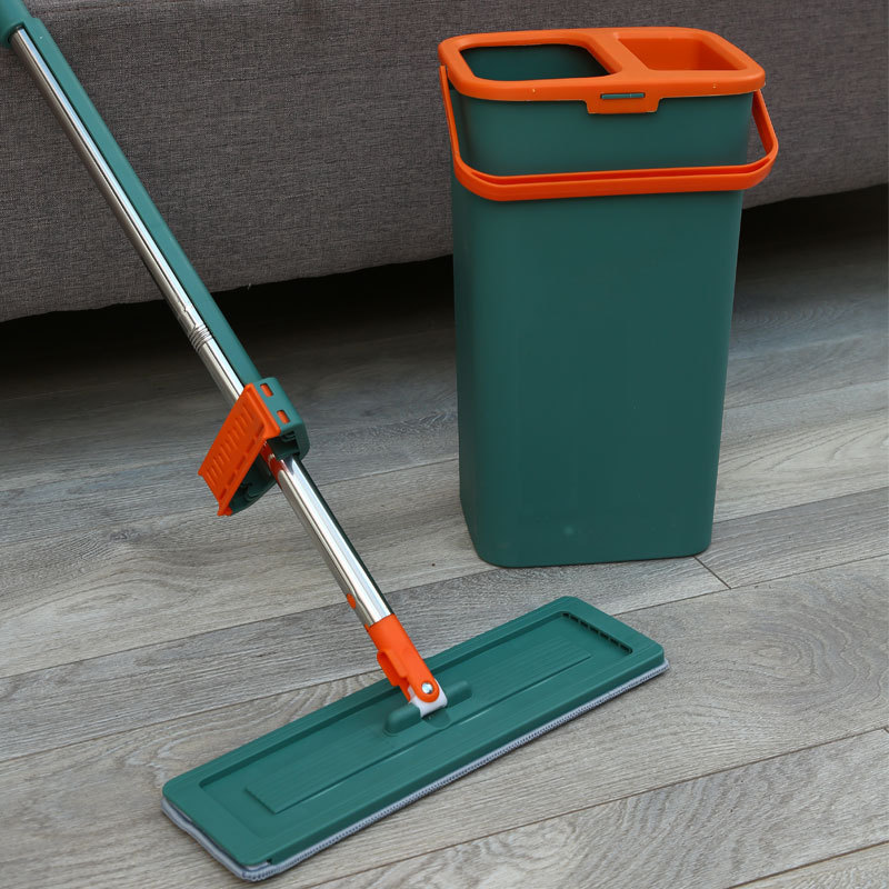 Hands-Free Flat Mop Set with Stainless Steel Handle, Absorbent Floor Cleaning System